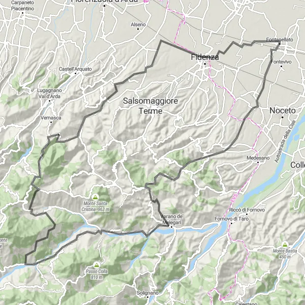 Miniature de la carte de l'inspiration cycliste "Le Tour des Collines de Parme" dans la Emilia-Romagna, Italy. Générée par le planificateur d'itinéraire cycliste Tarmacs.app