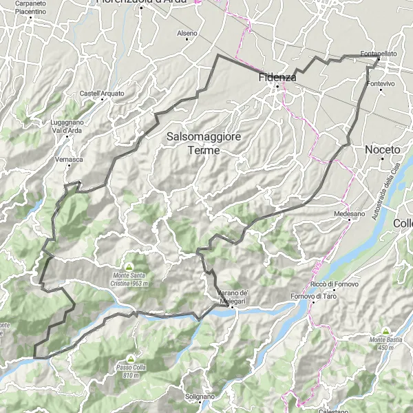 Karttaminiaatyyri "Romanttinen pyöräilyreitti Emilia-Romagnassa" pyöräilyinspiraatiosta alueella Emilia-Romagna, Italy. Luotu Tarmacs.app pyöräilyreittisuunnittelijalla