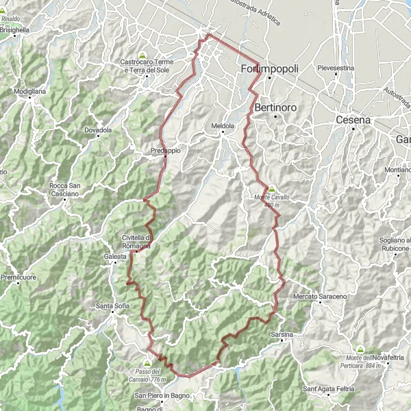 Mapa miniatúra "Gravelová okružná cyklistická trasa cez Monte Cavallo, Monte Finocchio a ďalšie" cyklistická inšpirácia v Emilia-Romagna, Italy. Vygenerované cyklistickým plánovačom trás Tarmacs.app
