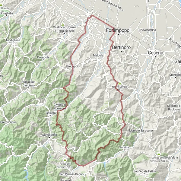 Map miniature of "Apennine Gravel Challenge" cycling inspiration in Emilia-Romagna, Italy. Generated by Tarmacs.app cycling route planner