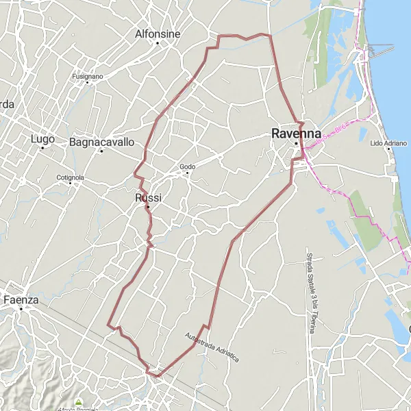 Miniatura della mappa di ispirazione al ciclismo "Tour in bicicletta tra Russi, Villanova di Bagnacavallo e Forlì" nella regione di Emilia-Romagna, Italy. Generata da Tarmacs.app, pianificatore di rotte ciclistiche