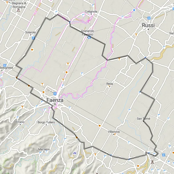 Miniaturní mapa "Cestování po silnici kolem Forlì" inspirace pro cyklisty v oblasti Emilia-Romagna, Italy. Vytvořeno pomocí plánovače tras Tarmacs.app