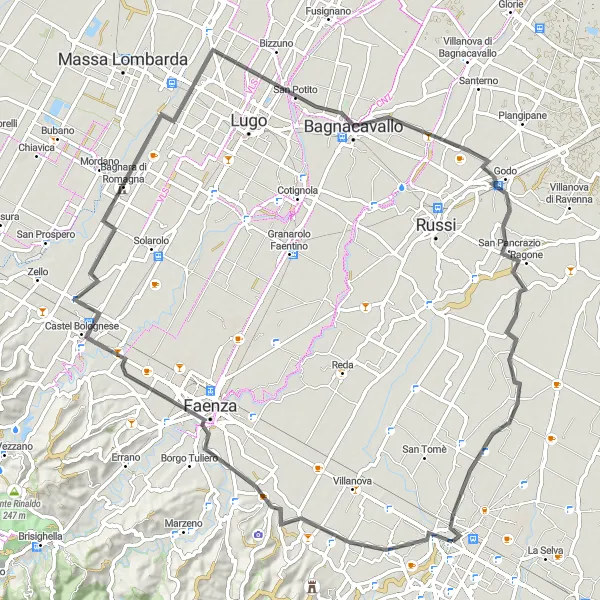 Zemljevid v pomanjšavi "Kolesarska pot od Forlìja do Bagnare di Romagna" kolesarske inspiracije v Emilia-Romagna, Italy. Generirano z načrtovalcem kolesarskih poti Tarmacs.app