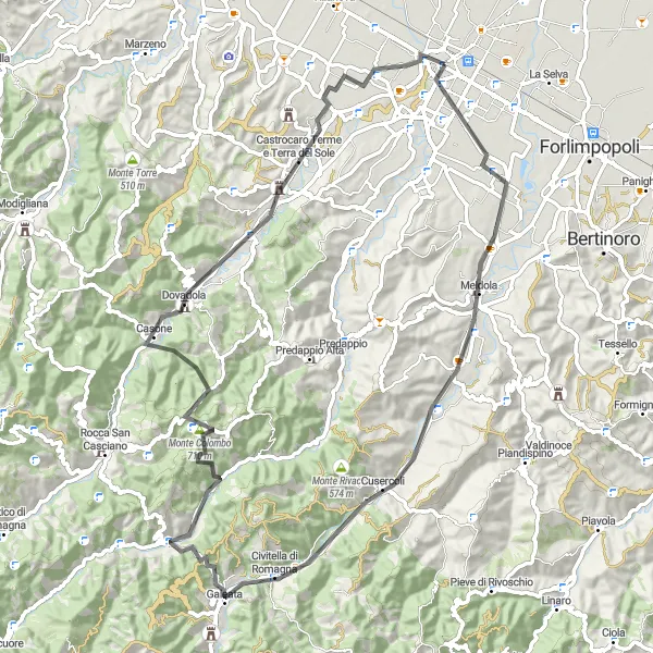 Miniatura della mappa di ispirazione al ciclismo "Itinerario Panoramico tra Montagne e Borghi" nella regione di Emilia-Romagna, Italy. Generata da Tarmacs.app, pianificatore di rotte ciclistiche