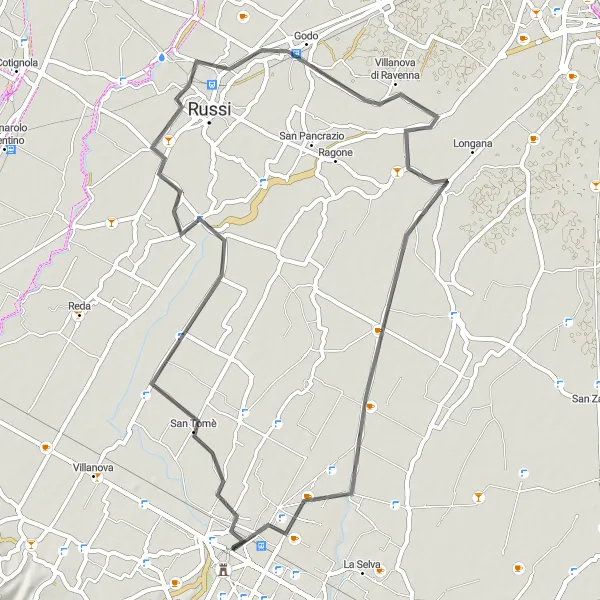 Miniatuurkaart van de fietsinspiratie "Godo Road Route" in Emilia-Romagna, Italy. Gemaakt door de Tarmacs.app fietsrouteplanner