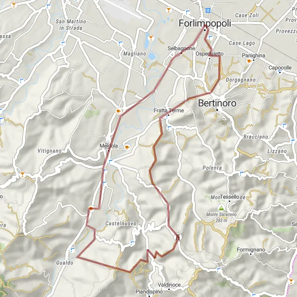 Karttaminiaatyyri "Gravel Adventure from Forlimpopoli to Bertinoro" pyöräilyinspiraatiosta alueella Emilia-Romagna, Italy. Luotu Tarmacs.app pyöräilyreittisuunnittelijalla