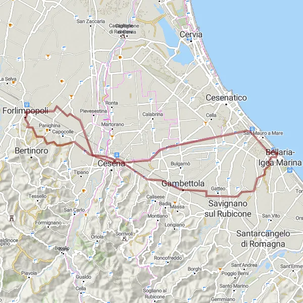 Karttaminiaatyyri "Rooman raunioilta maaseudun rauhaan" pyöräilyinspiraatiosta alueella Emilia-Romagna, Italy. Luotu Tarmacs.app pyöräilyreittisuunnittelijalla