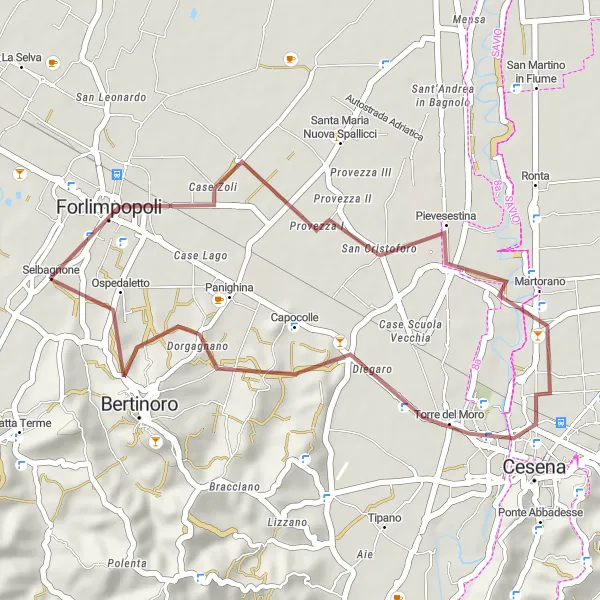 Miniature de la carte de l'inspiration cycliste "Circuit gravel vers Cesena" dans la Emilia-Romagna, Italy. Générée par le planificateur d'itinéraire cycliste Tarmacs.app