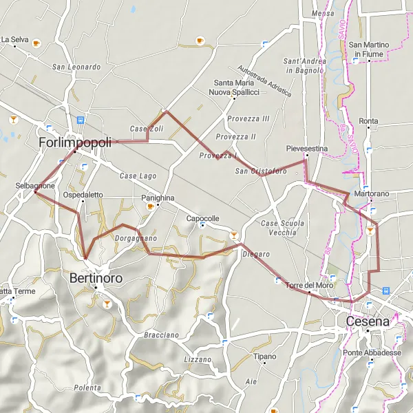 Miniatura della mappa di ispirazione al ciclismo "Percorso in gravel tra Forlimpopoli e Bertinoro" nella regione di Emilia-Romagna, Italy. Generata da Tarmacs.app, pianificatore di rotte ciclistiche