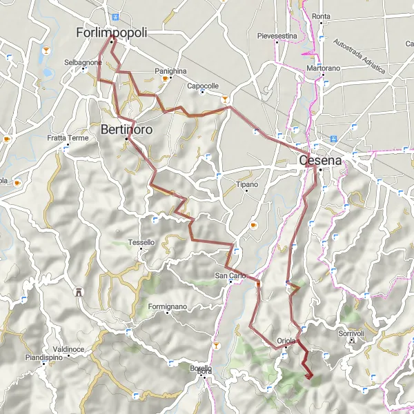 Miniaturekort af cykelinspirationen "Grusvej Cykelrute til Rocca Malatestiana og Monte Lorenzone" i Emilia-Romagna, Italy. Genereret af Tarmacs.app cykelruteplanlægger