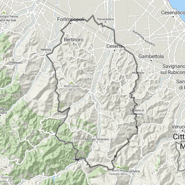 Karten-Miniaturansicht der Radinspiration "Hügeliges Roadbiking in der Romagna" in Emilia-Romagna, Italy. Erstellt vom Tarmacs.app-Routenplaner für Radtouren