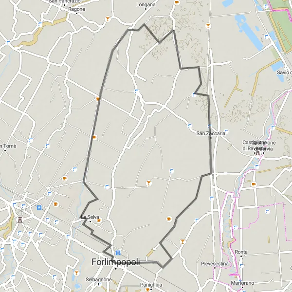 Zemljevid v pomanjšavi "Cestne poti blizu Forlimpopoli" kolesarske inspiracije v Emilia-Romagna, Italy. Generirano z načrtovalcem kolesarskih poti Tarmacs.app