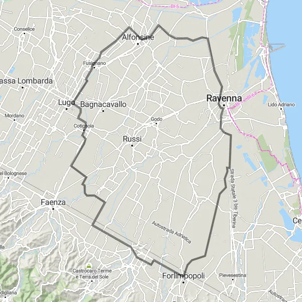 Kartminiatyr av "Forlimpopoli til Ravenna Road Cycling Route" sykkelinspirasjon i Emilia-Romagna, Italy. Generert av Tarmacs.app sykkelrutoplanlegger
