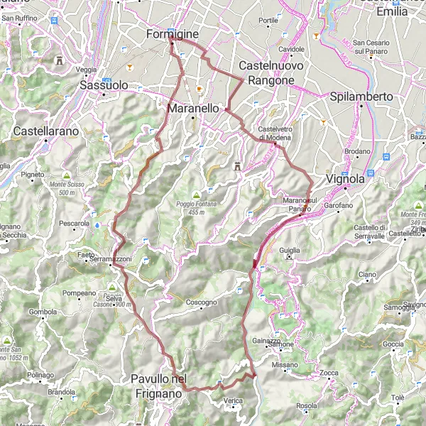 Karttaminiaatyyri "Formigine - Monte Tagliato" pyöräilyinspiraatiosta alueella Emilia-Romagna, Italy. Luotu Tarmacs.app pyöräilyreittisuunnittelijalla