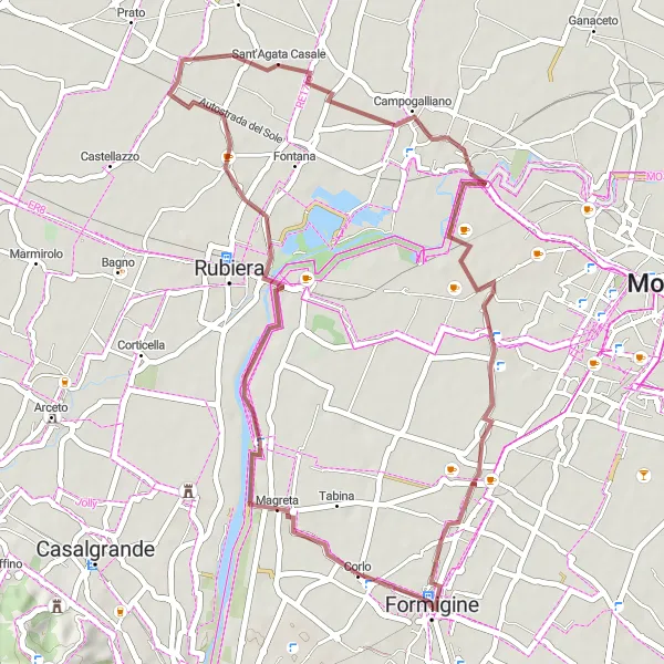 Miniatura della mappa di ispirazione al ciclismo "Itinerario di ciclismo tra Formigine e Casinalbo" nella regione di Emilia-Romagna, Italy. Generata da Tarmacs.app, pianificatore di rotte ciclistiche