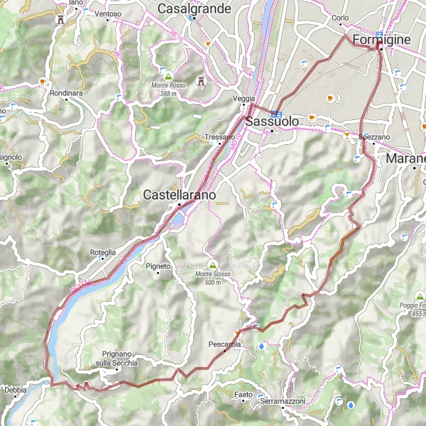 Miniatura della mappa di ispirazione al ciclismo "Giro in bicicletta in sterrato attorno a Formigine" nella regione di Emilia-Romagna, Italy. Generata da Tarmacs.app, pianificatore di rotte ciclistiche