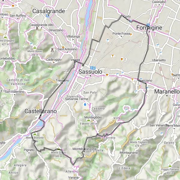 Map miniature of "Formigine - Castellarano Shortcut" cycling inspiration in Emilia-Romagna, Italy. Generated by Tarmacs.app cycling route planner