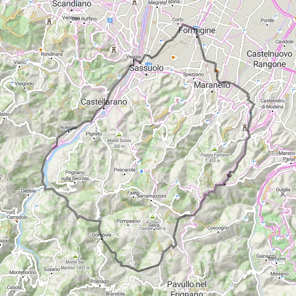 Miniature de la carte de l'inspiration cycliste "Balade à vélo à travers la campagne autour de Formigine" dans la Emilia-Romagna, Italy. Générée par le planificateur d'itinéraire cycliste Tarmacs.app