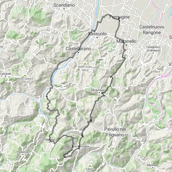 Map miniature of "Formigine - Castellarano Loop" cycling inspiration in Emilia-Romagna, Italy. Generated by Tarmacs.app cycling route planner