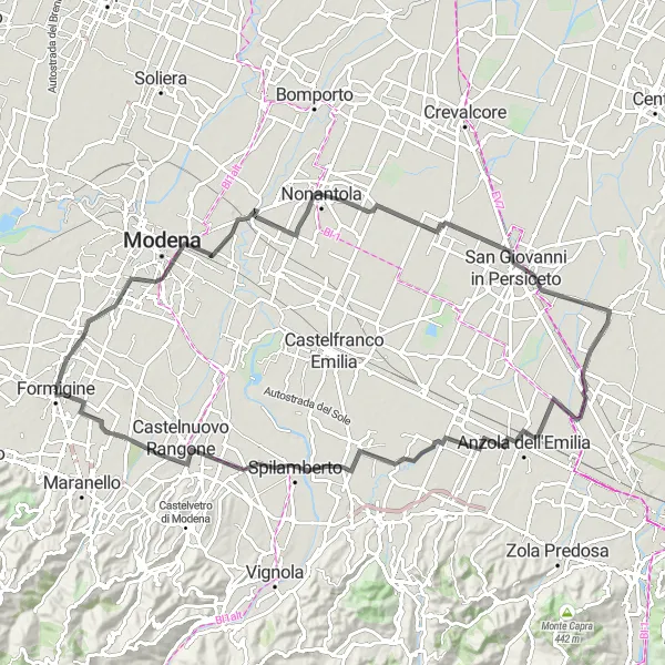 Map miniature of "Road to Navicello" cycling inspiration in Emilia-Romagna, Italy. Generated by Tarmacs.app cycling route planner