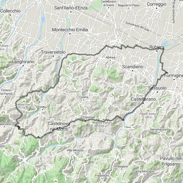 Kartminiatyr av "Formigine til Monte Pelengo Road Cycling Route" sykkelinspirasjon i Emilia-Romagna, Italy. Generert av Tarmacs.app sykkelrutoplanlegger