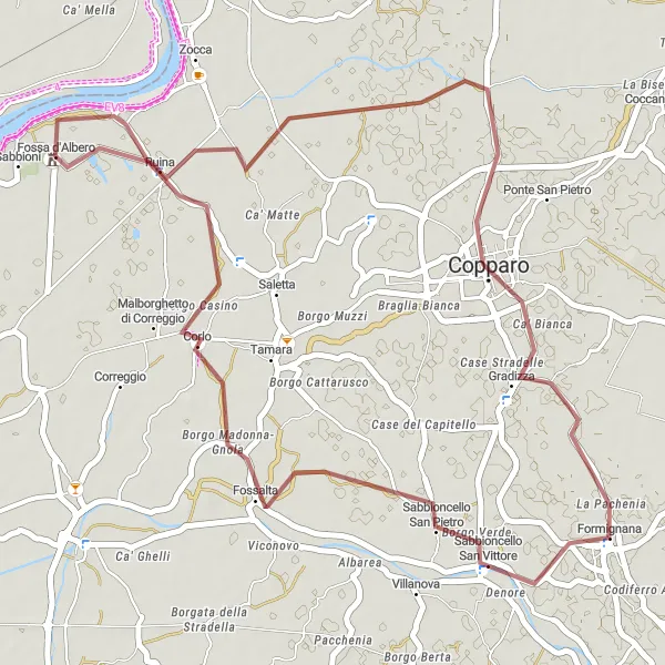 Zemljevid v pomanjšavi "Gravel-izlet skozi naravo (44 km)" kolesarske inspiracije v Emilia-Romagna, Italy. Generirano z načrtovalcem kolesarskih poti Tarmacs.app