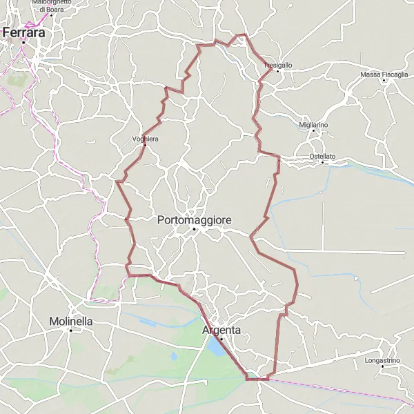 Map miniature of "Gravel Adventure through Tresigallo, Dogato, and Argenta" cycling inspiration in Emilia-Romagna, Italy. Generated by Tarmacs.app cycling route planner