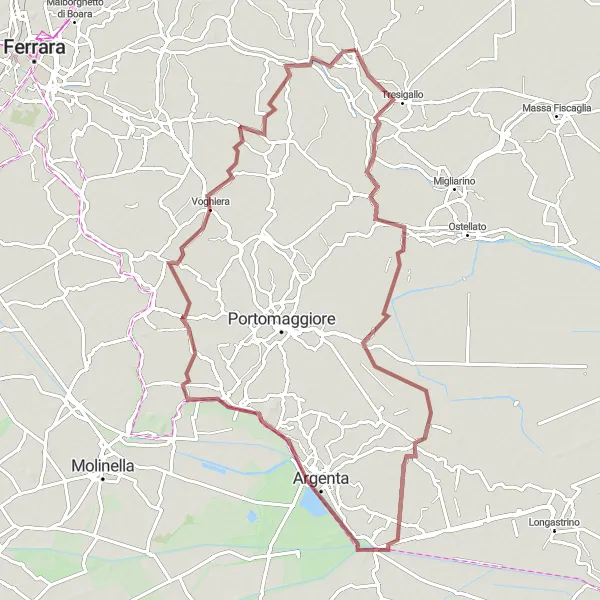 Karttaminiaatyyri "Formignana - Tresigallo - Dogato - Argenta - Voghiera - Denore" pyöräilyinspiraatiosta alueella Emilia-Romagna, Italy. Luotu Tarmacs.app pyöräilyreittisuunnittelijalla