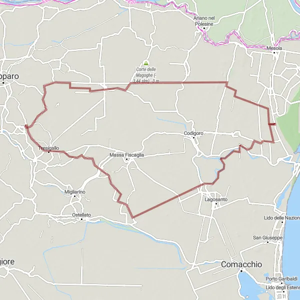 Miniaturní mapa "Gravelová výzva kolem Formignana" inspirace pro cyklisty v oblasti Emilia-Romagna, Italy. Vytvořeno pomocí plánovače tras Tarmacs.app