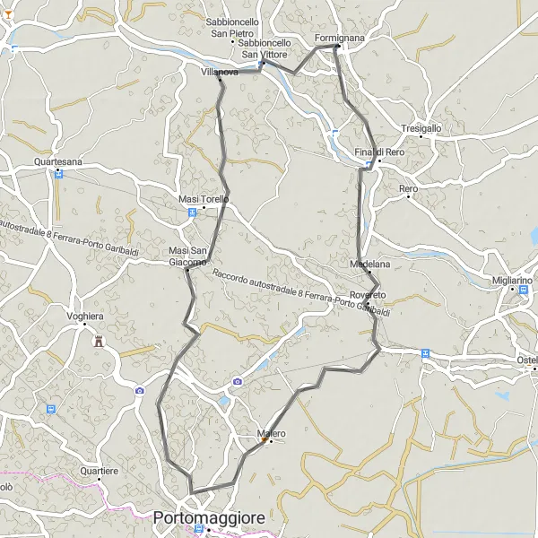 Mapa miniatúra "Okruh cez Parasacco, Gambulagu, Masi Torello a Denore" cyklistická inšpirácia v Emilia-Romagna, Italy. Vygenerované cyklistickým plánovačom trás Tarmacs.app