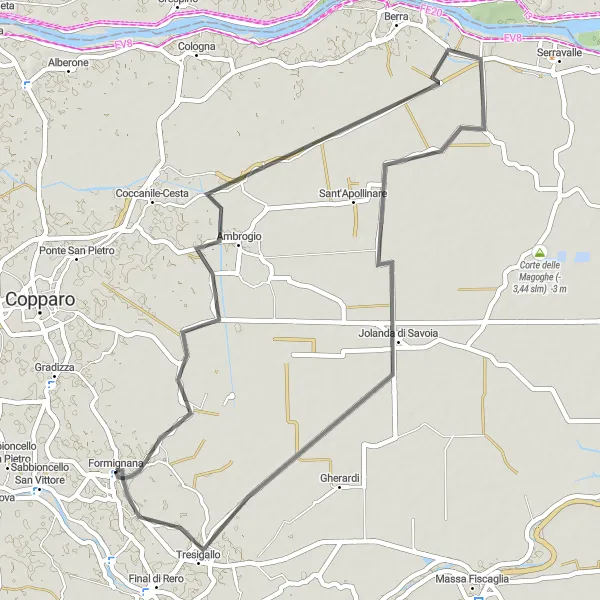 Karttaminiaatyyri "Matkalla Formignanasta Jolanda di Savoiaan" pyöräilyinspiraatiosta alueella Emilia-Romagna, Italy. Luotu Tarmacs.app pyöräilyreittisuunnittelijalla