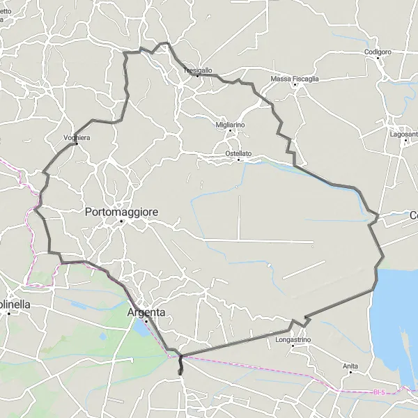Miniaturní mapa "Trasa Formignana - Migliaro - Argenta - La Bova - Voghiera - Masi Torello - Denore" inspirace pro cyklisty v oblasti Emilia-Romagna, Italy. Vytvořeno pomocí plánovače tras Tarmacs.app