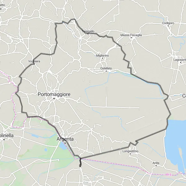 Miniatura della mappa di ispirazione al ciclismo "Esplorazione ciclistica da Migliaro a Denore attraverso Argenta e Voghiera" nella regione di Emilia-Romagna, Italy. Generata da Tarmacs.app, pianificatore di rotte ciclistiche