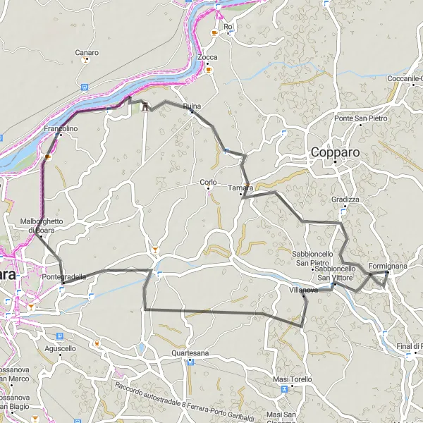 Map miniature of "Formignana to Borgo Bruni Circuit" cycling inspiration in Emilia-Romagna, Italy. Generated by Tarmacs.app cycling route planner
