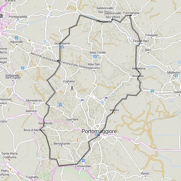 Mapa miniatúra "Cestný okruh cez Portomaggiore a La Bova" cyklistická inšpirácia v Emilia-Romagna, Italy. Vygenerované cyklistickým plánovačom trás Tarmacs.app
