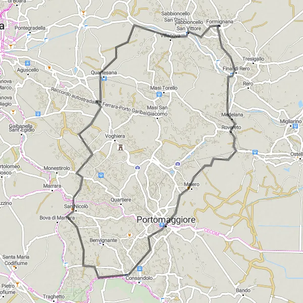 Karttaminiaatyyri "Formignana - Medelana - Portomaggiore - La Bova - Albarea" pyöräilyinspiraatiosta alueella Emilia-Romagna, Italy. Luotu Tarmacs.app pyöräilyreittisuunnittelijalla