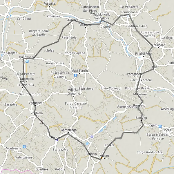 Mapa miniatúra "Cestná trasa cez Tresigallo, Medelana a ďalšie" cyklistická inšpirácia v Emilia-Romagna, Italy. Vygenerované cyklistickým plánovačom trás Tarmacs.app