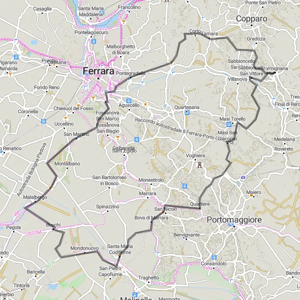 Mapa miniatúra "Cyklotrasa cez Malalbergo a Pontegradella" cyklistická inšpirácia v Emilia-Romagna, Italy. Vygenerované cyklistickým plánovačom trás Tarmacs.app