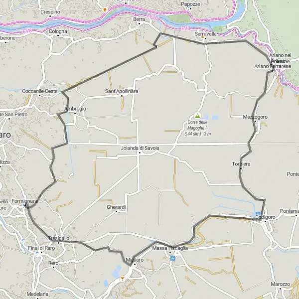 Miniatura mapy "Trasa rowerowa przez Brazzolo, Ariano nel Polesine, Codigoro i Tresigallo" - trasy rowerowej w Emilia-Romagna, Italy. Wygenerowane przez planer tras rowerowych Tarmacs.app