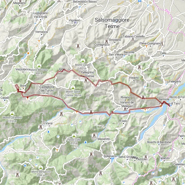 Mapa miniatúra "Gravelový okruh cez hory a dedinky v okolí Fornovo di Taro" cyklistická inšpirácia v Emilia-Romagna, Italy. Vygenerované cyklistickým plánovačom trás Tarmacs.app