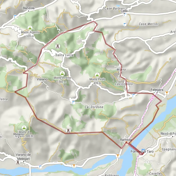 Zemljevid v pomanjšavi "Raziskovanje zgodovinskih utrdb na kratki gravel poti" kolesarske inspiracije v Emilia-Romagna, Italy. Generirano z načrtovalcem kolesarskih poti Tarmacs.app