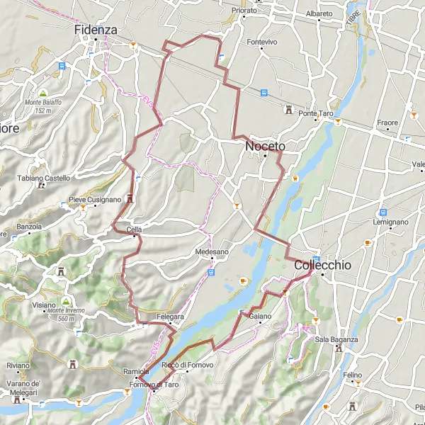 Map miniature of "Exploring Gravel Paths" cycling inspiration in Emilia-Romagna, Italy. Generated by Tarmacs.app cycling route planner