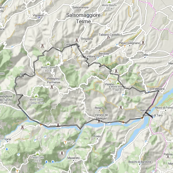 Zemljevid v pomanjšavi "Challenging road cycling in Parma province" kolesarske inspiracije v Emilia-Romagna, Italy. Generirano z načrtovalcem kolesarskih poti Tarmacs.app