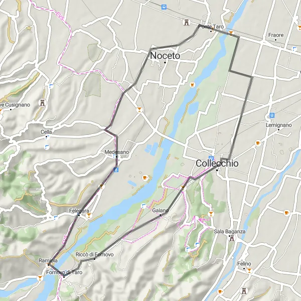 Zemljevid v pomanjšavi "Krožna pot med Felegaro in Fornovo di Taro" kolesarske inspiracije v Emilia-Romagna, Italy. Generirano z načrtovalcem kolesarskih poti Tarmacs.app