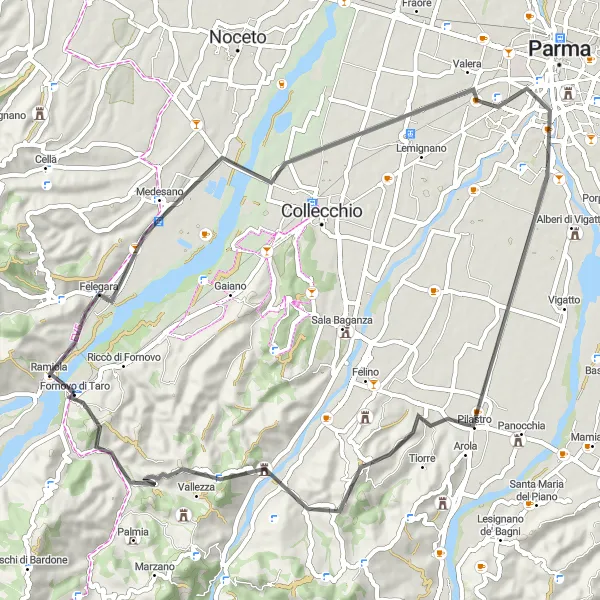 Mapa miniatúra "Cestný výlet cez kopce a dedinky v blízkosti Fornovo di Taro" cyklistická inšpirácia v Emilia-Romagna, Italy. Vygenerované cyklistickým plánovačom trás Tarmacs.app
