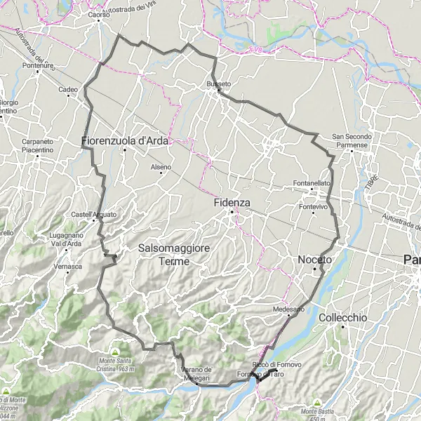 Miniatua del mapa de inspiración ciclista "Ruta de ciclismo de carretera Fornovo-Pellegrino Parmense" en Emilia-Romagna, Italy. Generado por Tarmacs.app planificador de rutas ciclistas