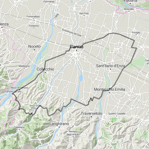 Kartminiatyr av "Runt Montecchio Emilia och tillbaka" cykelinspiration i Emilia-Romagna, Italy. Genererad av Tarmacs.app cykelruttplanerare