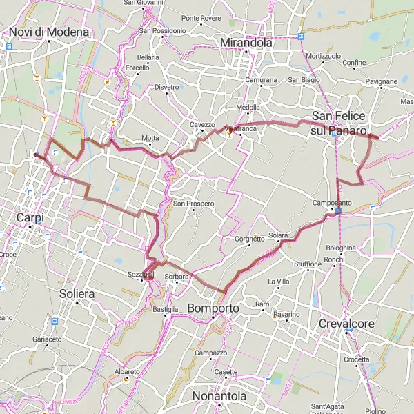 Mapa miniatúra "Gravel trasa cez Ponte Motta a Camposanto" cyklistická inšpirácia v Emilia-Romagna, Italy. Vygenerované cyklistickým plánovačom trás Tarmacs.app