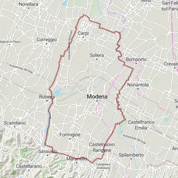 Map miniature of "Challenging gravel ride through Fossoli and beyond" cycling inspiration in Emilia-Romagna, Italy. Generated by Tarmacs.app cycling route planner