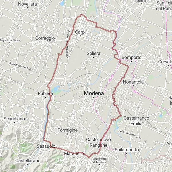 Miniatura della mappa di ispirazione al ciclismo "Avventuroso giro in gravel fra Bastiglia e Fiorano Modenese" nella regione di Emilia-Romagna, Italy. Generata da Tarmacs.app, pianificatore di rotte ciclistiche